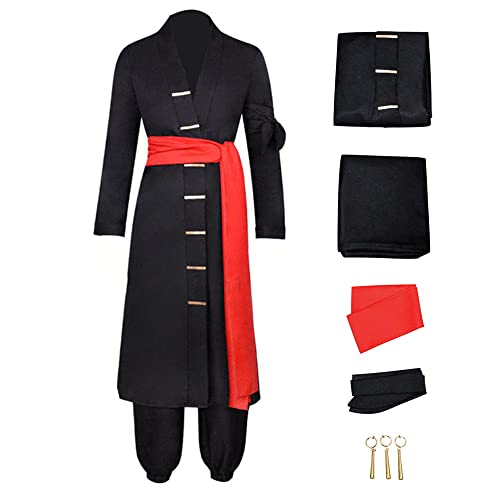GWOKDAN Herren Anime Kimono Roronoa Cosplay Kostüm Robe Zoro Umhang Uniform Halloween Outfits mit Ohrringen (XXL, schwarz) von GWOKDAN