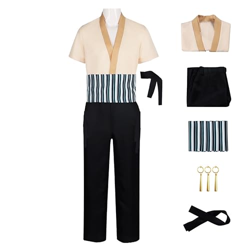 GWOKDAN Herren Roronoas Cosplay Anime Kimono Zoro Kostüm Uniform Halloween Outfits mit Ohrringen (Größe XXXL, Gelb) von GWOKDAN