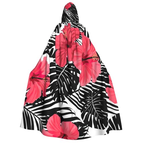 GXUNGT Roter Hibiskusaufdruck, Halloween-Kapuzenumhang für Erwachsene, perfekt für Cosplay, Partys und Festivals, Uni, bequemer Umhang von GXUNGT