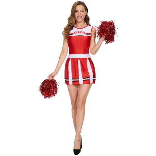 GXYANiaoy Cheerleader Kostüm Damen Rot: Damen Cheer Leader Kostüm Cheerleading Kleid mit Pompoms Halloween Kostüm Karneval Fasching Partykleid von GXYANiaoy