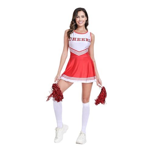 GXYANiaoy Cheerleader Kostüm Damen Rot: Damen Cheer Leader Kostüm Cheerleading Kleid mit Pompoms Halloween Kostüm Karneval Fasching Partykleid von GXYANiaoy