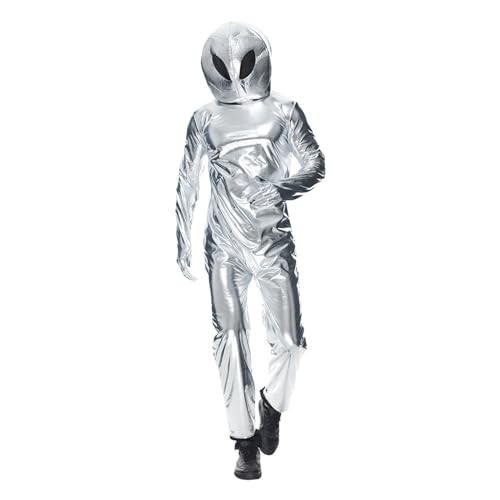 GXYANiaoy Damen Herren Alien Kostüm mit Mask Unisex UFO Kostüm Silber Erwachsener Astronaut Kostüm Karneval Space Party Weltraum Kostüm Jumpsuit Alien Weltall Kostüm Fasnachtskostüme Männer Frauen von GXYANiaoy