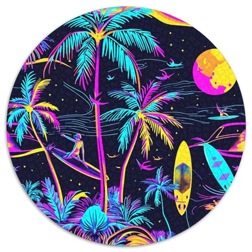 Bunte Neonpalmen Puzzle 1000 Teile Surfen Rundes Puzzle Für Erwachsene Pädagogisches Stressabbau-Spielzeug Für Erwachsene Teenager 1000pcs (67.5x67.5cm) von GXYUAOIEF