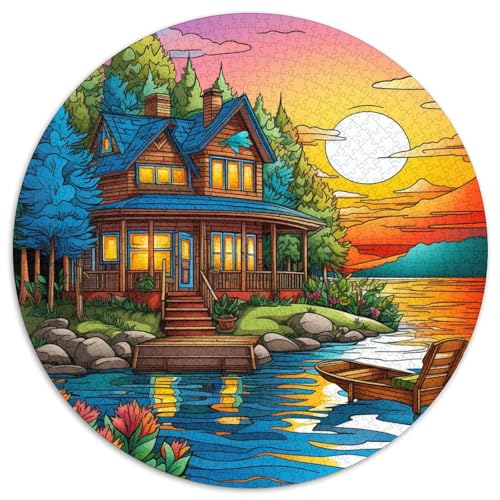 Kanu - See Puzzle 1000 Teile Log Cabin Die untergehende Sonne Rundes Puzzle Für Erwachsene Pädagogisches Stressabbau-Spielzeug Für Erwachsene Und Kinder Ab 14 Jahren 1000pcs (67.5x67.5cm) von GXYUAOIEF