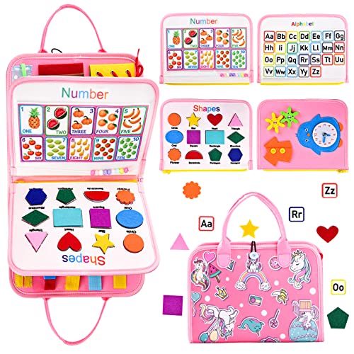 GYBOOM Busy Board Montessori-Spielzeug für Kleinkinder, ruhiges Buch, sensorisches Board zum Erlernen der Feinmotorik, Vorschul-Lernspielzeug für 1-6-jährige Jungen und Mädchen auf Reisen (Pink) von GYBOOM