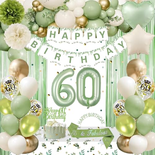 60 Geburtstag Frau, Salbei Grün Gold Deko 60 Geburtstag Frau Mann Party Deko Set mit Happy Birthday Banner, Konfetti Luftballons, Schärpe, Geburtstagskrone, Tischdecke, Vorhang für 60 Geburtstag Deko 60 Geburtstag Frau, Salbei Grün Gold Deko 60 Geburtstag Frau Mann Party Deko Set mit Happy Birthday Banner, Konfetti Luftballons, Schärpe, Geburtstagskrone, Tischdecke, Vorhang für 60 Geburtstag Deko von GYESXYW
