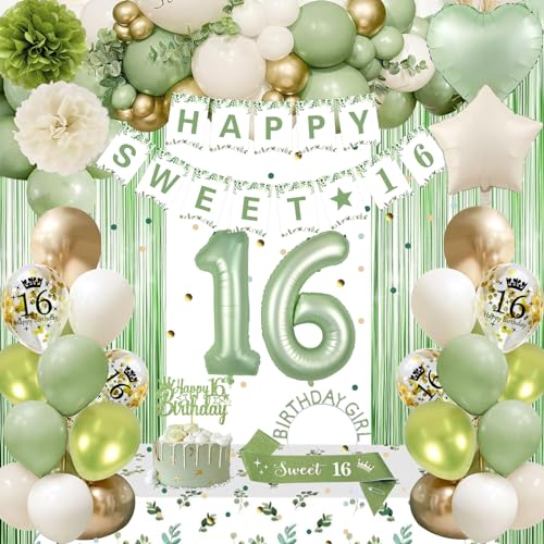 Dekoration zum 16. Geburtstag, Salbeigrün Gold Süße Dekoration zum 16. Geburtstag, Happy Birthday Banner Fransenvorhang Tischdecke Geburtstag Schärpe Krone Pom Poms Nummer 16 Luftballons für Mädchen von GYESXYW