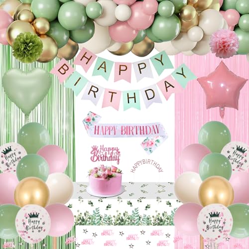 GYESXYW Geburtstagsdeko, Grün Rosa Gold Party Deko Set mit Happy Birthday Banner, Konfetti Luftballons, Schärpe und Geburtstagskrone, Tischdecke, Vorhang, Pompons für Frauen Mädchen Geburtstag Deko GYESXYW Geburtstagsdeko, Grün Rosa Gold Party Deko Set mit Happy Birthday Banner, Konfetti Luftballons, Schärpe und Geburtstagskrone, Tischdecke, Vorhang, Pompons für Frauen Mädchen Geburtstag Deko von GYESXYW