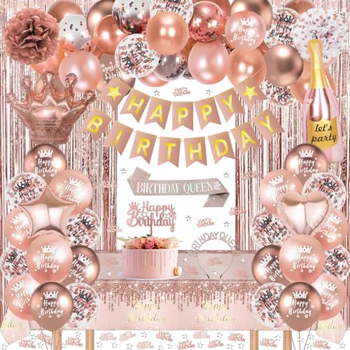 GYESXYW Geburtstagsdeko, Rosegold Party Deko Set mit Happy Birthday Banner, Schärpe und Geburtstagskrone, Konfetti Luftballons, Tischdecke, Vorhang, Pompons Deko für Frauen Mädchen Geburtstag Deko GYESXYW Geburtstagsdeko, Rosegold Party Deko Set mit Happy Birthday Banner, Schärpe und Geburtstagskrone, Konfetti Luftballons, Tischdecke, Vorhang, Pompons Deko für Frauen Mädchen Geburtstag Deko von GYESXYW