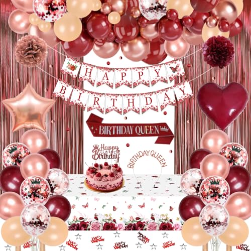 Geburtstagsdeko, Burgund Rot Rosegold Party Deko Set mit Happy Birthday Banner, Konfetti Luftballons, Schärpe und Geburtstagskrone, Tischdecke, Vorhang, Pompons für Frauen Mädchen Geburtstag Deko Geburtstagsdeko, Burgund Rot Rosegold Party Deko Set mit Happy Birthday Banner, Konfetti Luftballons, Schärpe und Geburtstagskrone, Tischdecke, Vorhang, Pompons für Frauen Mädchen Geburtstag Deko von GYESXYW