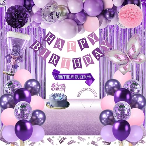 Geburtstagsdeko, Lila Rosa Party Deko Set mit Happy Birthday Banner, Konfetti Luftballons, Schärpe und Geburtstagskrone, Tischdecke, Vorhang, Pompons für Frauen Mädchen Geburtstag Deko Geburtstagsdeko, Lila Rosa Party Deko Set mit Happy Birthday Banner, Konfetti Luftballons, Schärpe und Geburtstagskrone, Tischdecke, Vorhang, Pompons für Frauen Mädchen Geburtstag Deko von GYESXYW