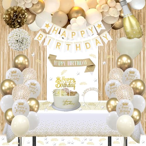 Geburtstagsdeko Gold, Beige Gold Weiß Party Deko Set mit Happy Birthday Banner, Konfetti Luftballons, Schärpe und Geburtstagskrone, Tischdecke, Vorhang, Pompons für Frauen Mädchen Geburtstag Deko Geburtstagsdeko Gold, Beige Gold Weiß Party Deko Set mit Happy Birthday Banner, Konfetti Luftballons, Schärpe und Geburtstagskrone, Tischdecke, Vorhang, Pompons für Frauen Mädchen Geburtstag Deko von GYESXYW