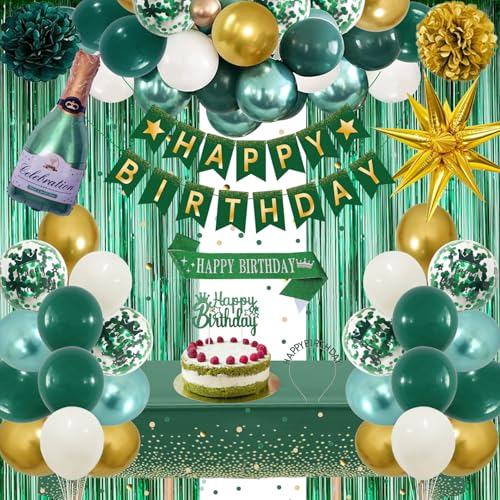 Geburtstagsdeko Grün, Smaragd Grün Gold Party Deko Set mit Happy Birthday Banner, Konfetti Luftballons, Schärpe und Geburtstagskrone, Tischdecke, Vorhang, Pompons für Frauen Mädchen Geburtstag Deko Geburtstagsdeko Grün, Smaragd Grün Gold Party Deko Set mit Happy Birthday Banner, Konfetti Luftballons, Schärpe und Geburtstagskrone, Tischdecke, Vorhang, Pompons für Frauen Mädchen Geburtstag Deko von GYESXYW
