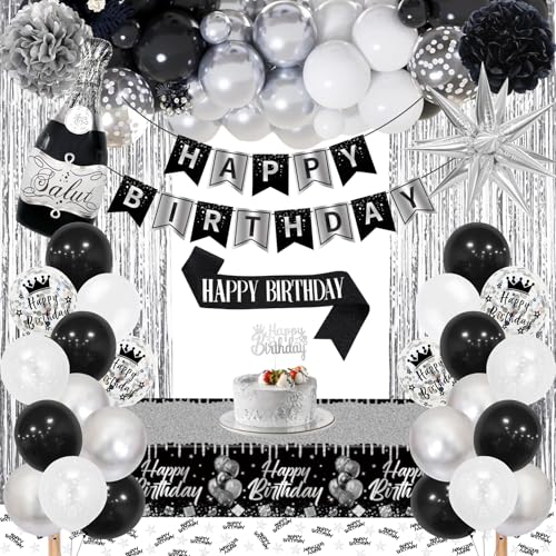 Geburtstagsdeko Schwarz Silber, Silber Schwarz Weiß Party Deko Set mit Happy Birthday Banner, Konfetti Luftballons, Schärpe, Tischdecke, Vorhang, Pompons für Mann Frauen Junge Mädchen Geburtstag Deko Geburtstagsdeko Schwarz Silber, Silber Schwarz Weiß Party Deko Set mit Happy Birthday Banner, Konfetti Luftballons, Schärpe, Tischdecke, Vorhang, Pompons für Mann Frauen Junge Mädchen Geburtstag Deko von GYESXYW