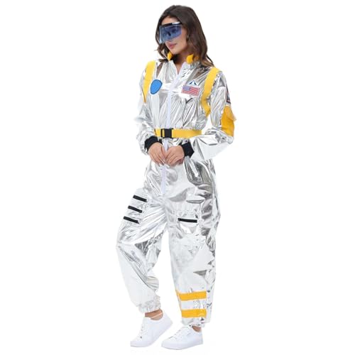 GYHCB Astronauten Kostüm Damen, Astronaut Kostüm Silber Weltraum Kostüm Astronaut Overall Erwachsene mit Brillen für Halloween Frauen Faschingskostüm von GYHCB