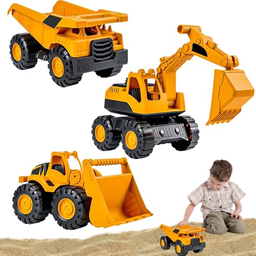 GYHWOFUL 3 Stück Bagger Spielzeug Set – Sandspielzeug Fahrzeuge für Sandkasten & Strand, Kipplaster, Bulldozer & Bagger mit Trägheit, Robuste Sommerspielzeuge für Kinder von GYHWOFUL