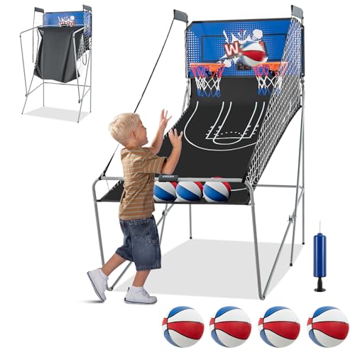 GYMAX Automat Basketballkorb, faltbar Elektronische Basketballspiel mit 8 Spieleinstellungen & elektronischer Anzeigetafel, Schießmaschine inkl. 4 Bällen & 2 Fangkörben (Blau) von GYMAX