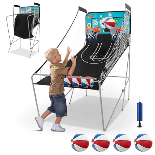 GYMAX Automat Basketballkorb, faltbar Elektronische Basketballspiel mit 8 Spieleinstellungen & elektronischer Anzeigetafel, Schießmaschine inkl. 4 Bällen & 2 Fangkörben (Violett) von GYMAX