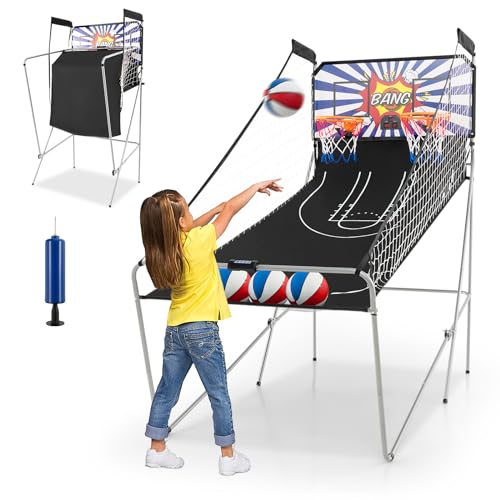 GYMAX Automat Basketballkorb, faltbar Elektronische Basketballspiel mit 8 Spieleinstellungen & elektronischer Anzeigetafel, Schießmaschine inkl. 4 Bällen & 2 Fangkörben (Weiß) von GYMAX