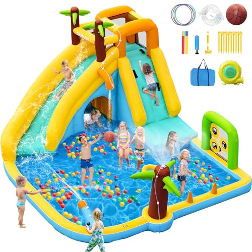 GYMMALL Aufblasbare Wasserrutsche Hüpfburg mit 450W Gebläse 10-in-1 Wasserspielpark für Kinder drinnen und draußen mit Sprungbereich, Planschbecken, Wassersprühern und Rutsche GYMMALL Aufblasbare Wasserrutsche Hüpfburg mit 450W Gebläse 10-in-1 Wasserspielpark für Kinder drinnen und draußen mit Sprungbereich, Planschbecken, Wassersprühern und Rutsche von GYMMALL