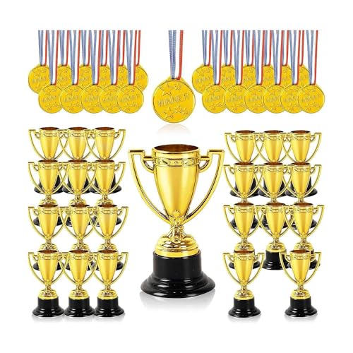 GYSURYB 20 Stück Mini-Trophäen und 20 Stück Medaillen, Auszeichnungen, Siegermedaillen für Kinder und Erwachsene – Perfekt für Partygeschenke, Langlebig, Einfach zu Verwenden, Gold + Schwarz von GYSURYB