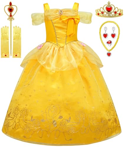 GZ-LAOPAITOU Prinzessin Kleid Kostüm für Mädchen Cosplay Halloween Geburtstag Weihnachten Party Outfit Gelb mit Zubehör, Gelb 02-mit Zubehör, 4-5 Jahre von GZ-LAOPAITOU