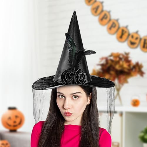 GZBMEZS Hexenhut, Hexen Hut Mit Breiter Krempe Halbschleier Und Blume, Tragbares Halloween Kostümzubehör Für Damen Karneval Fantasy Festival GZBMEZS Hexenhut, Hexen Hut Mit Breiter Krempe Halbschleier Und Blume, Tragbares Halloween Kostümzubehör Für Damen Karneval Fantasy Festival von GZBMEZS