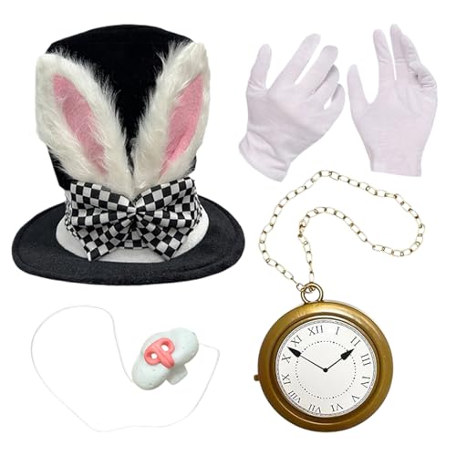 GZBMEZS Weißer Häschen Kostüm Zubehör Set, Plüschhut Mit Hasenohren Für Karneval Halloween Ostern, 4-teiliges Karneval Fasching Outfit für Damen Herren Erwachsene von GZBMEZS