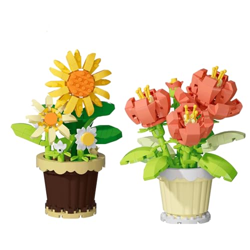GZGXKJ 2 Mini Klemmbausteine Blumen Sukkulenten Blumen Bausteine Set Simulation Topf Pflanze Partikel Baustein Blume Ziegel Spielzeug Heimdekoration (Pfingstrosen und Sonnenblumen) von GZGXKJ