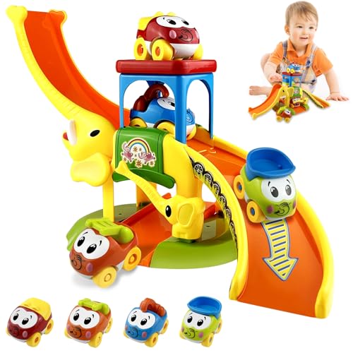 GZLCEU Rennbahn Kinder, Multifunktional Autorennbahn Elefant Rennstrecke mit 4 Spielzeugautos für 1 2 3 Jahre Altes Kinder, Jungen, Mädchen Puzzle Geschenke Toy Track von GZLCEU