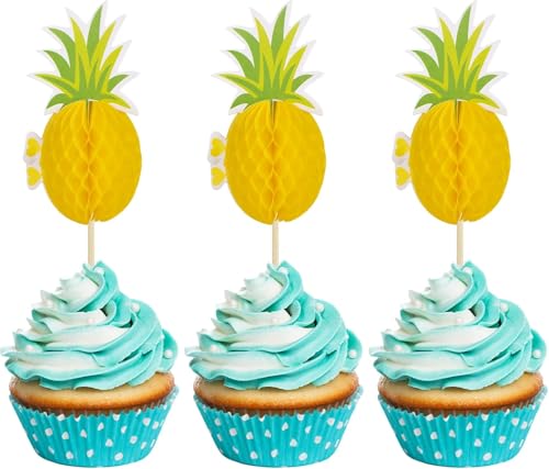 24 gelbe 3D-Ananas-Cupcake-Topper, Blätter, Picks für tropische Themen, Baby-Geburtstag, Hochzeit, Party, Kuchendekorationen von GZRYEJLEI