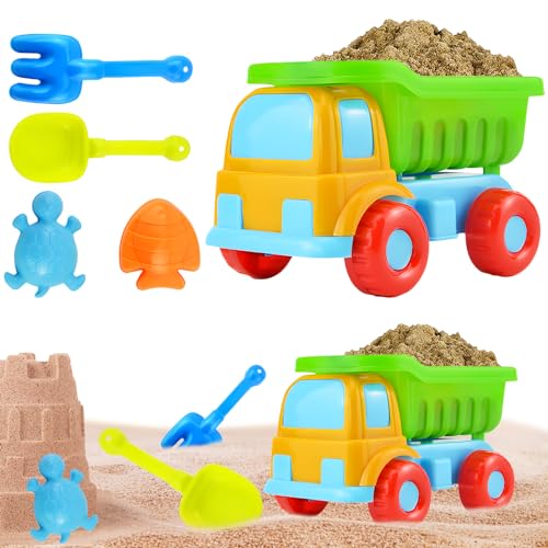GZWY Sandspielzeug 5 Teile mit LKW Spielzeug, Sandkasten Strand Spielzeug mit Sandförmchen, Schaufel, Indoor Outdoor Sandspielzeug für Mädchen Jungen, Sand Spielzeug ab 1 2 3 4 5 Jahr von GZWY