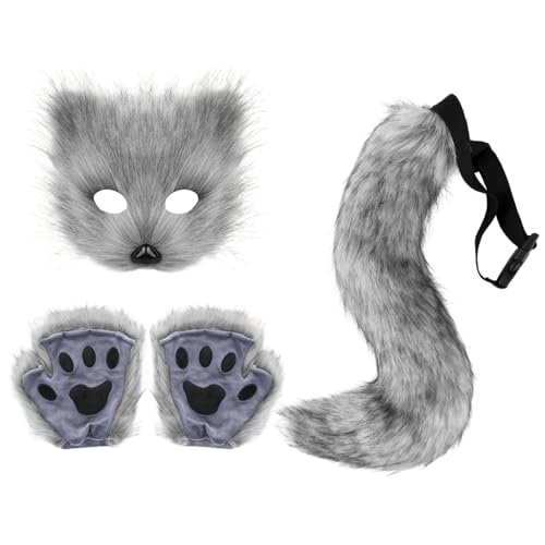 Halloween Katze Fuchs Maske, Therian Mask, Therian Handschuhe Fuchsschwanz und Verstellbarer Gürtel Set, Katzenmasken Halloween Deko Party Cosplay Kostüm Set für Kinder Erwachsene (B) von GZWY