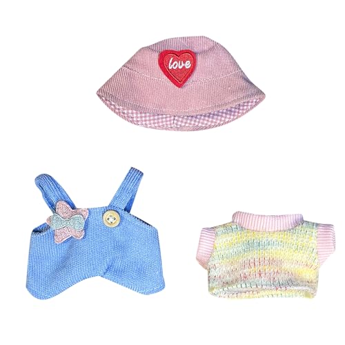 Kleidung für Labubu Puppe, 17cm Mini Plüsch Puppenkleidung Outfit, Niedliche Bekleidungs Zubehör mit Hut, T-Shirt und Latzhose für 17cm Labubu Puppen Zubehör DIY Kinder Geschenke, Ohne Puppe (A) von GZWY