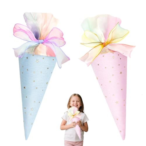 GZXUEHU 2 STK Geschwisterschultüte,Schultüte Mädchen,Geschwister-Zuckertüte,Aus Stoff mit Band,für EIN Schönes Dekoteil oder Nackenkisse(Blau+Rosa,49cm) von GZXUEHU