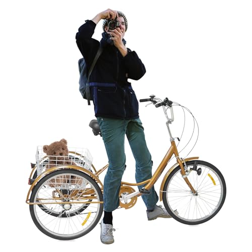 24 Inch Dreirad Erwachsenendreirad 6-Gang Einstellbar Bequemes Fahren Höhenverstellbaren Dreirad Fahrrad mit Einkaufskorb, 3 Räder Fahrrad für Erwachsenen Geeignet (Goldene Dreiräder mit Leuchten) 24 Inch Dreirad Erwachsenendreirad 6-Gang Einstellbar Bequemes Fahren Höhenverstellbaren Dreirad Fahrrad mit Einkaufskorb, 3 Räder Fahrrad für Erwachsenen Geeignet (Goldene Dreiräder mit Leuchten) von Gaabungky