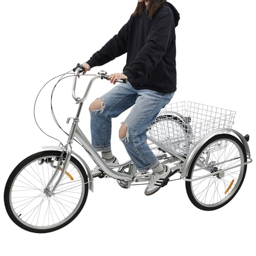 24 Inch Dreirad Erwachsenendreirad 6-Gang Einstellbar Bequemes Fahren Höhenverstellbaren Dreirad Fahrrad mit Einkaufskorb, 3 Räder Fahrrad für Erwachsenen Geeignet (Silber Dreiräder mit Lampen) von Gaabungky