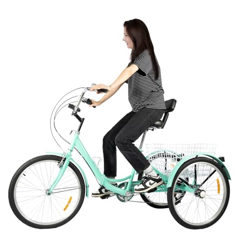 24 Zoll 7-Gang Dreirad Fahrrad Einstellbare Geschwindigkeit Höhe Dreirad für Erwachsene mit Getränkehalter und Korb, Faltbares Design 3-Rad Fahrrad für Tragen Dingen, Trainieren (Grün) von Gaabungky