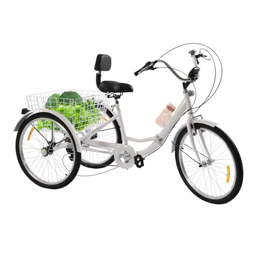 24 Zoll 7-Gang Dreirad Fahrrad Einstellbare Geschwindigkeit Höhe Dreirad für Erwachsene mit Getränkehalter und Korb, Faltbares Design 3-Rad Fahrrad für Tragen Dingen, Trainieren (Weiß) von Gaabungky