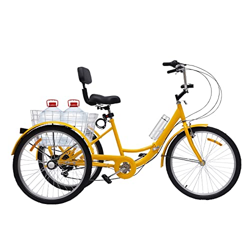 24 Zoll 7-Gang Dreirad Fahrrad Einstellbare Geschwindigkeit Höhe Dreirad für Erwachsene mit Getränkehalter und Korb, Faltbares Design 3-Rad Fahrrad für Tragen Dingen, Trainieren (gelb) von Gaabungky