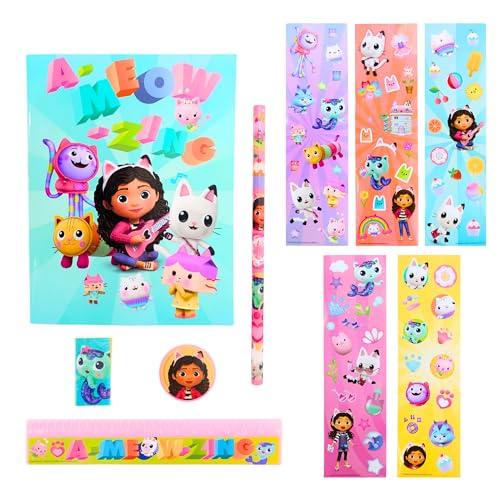 Gabby's Doll House Briefpapier Set, Bestehend aus Notizbuch, Bleistift, Lineal, Radiergummi, Spitzer und Aufklebern, Geschenk Briefpapier Set für Mädchen von Gabby's Doll House