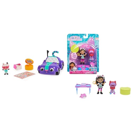 Gabby’s Dollhouse, Carlita-Spielzeugauto mit Pandy Paws-Sammelfigur & Cat-tivity Set, Kitty Karaoke Party - Musik Set mit Gabby und DJ Katzenminze von Gabby's Dollhouse