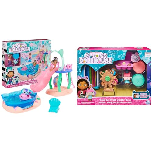 Gabby’s Dollhouse, Purrific Pool Party Spielset mit Gabby- und Meerkätzchen-Figur & Deluxe Raum, Craft-a-riffic-Room, Bastelzimmer mit Baby Box von Gabby's Dollhouse