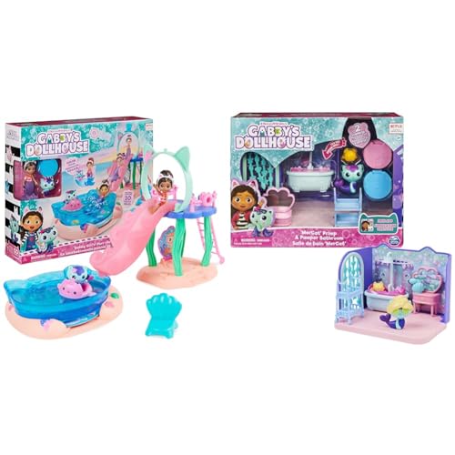 Gabby’s Dollhouse, Purrific Pool Party Spielset mit Gabby- und Meerkätzchen-Figur & Deluxe Raum, Primp and Pamper Bathroom, Badezimmer mit Meerkätzchen von Gabby's Dollhouse