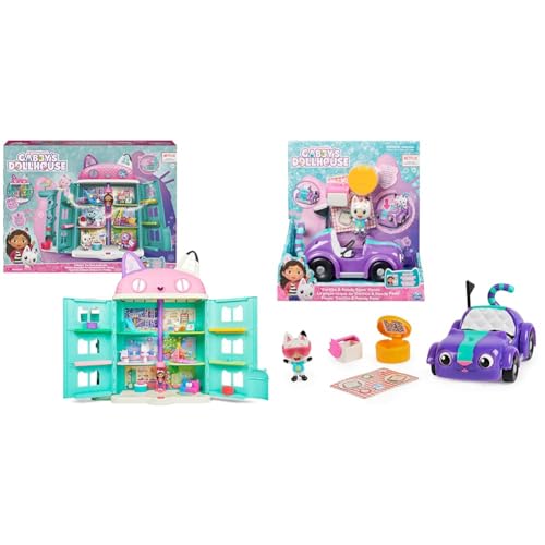 Gabby‘s Dollhouse, über 60cm großes Purrfect Puppenhaus mit Gabby und Panda Pfötchen Figur & Carlita-Spielzeugauto mit Pandy Paws-Sammelfigur von Gabby's Dollhouse