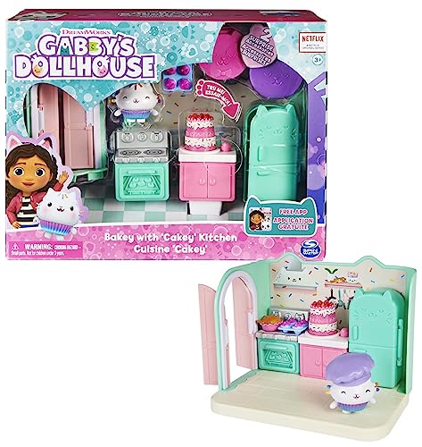 Gabby‘s Dollhouse Deluxe Raum, Bakey with Cakey, Küche mit Kuchi (engl. Cakey), 3 Möbelstücken und 2 Überraschungsboxen mit Zubehörteilen, geeignet für Kinder ab 3 Jahren von Gabby's Dollhouse