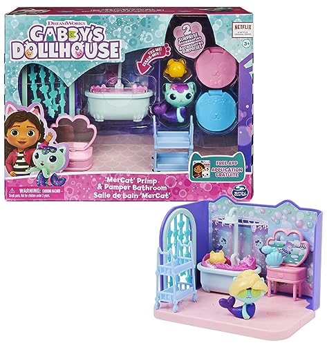 Gabby‘s Dollhouse Deluxe Raum, Primp and Pamper Bathroom, Badezimmer mit Meerkätzchen (engl. MerCat), 3 Möbelstücken und 2 Überraschungsboxen mit Zubehörteilen, geeignet für Kinder ab 3 Jahren von Gabby's Dollhouse