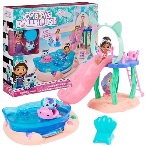Gabby’s Dollhouse, Purrific Pool Party Spielset mit Gabby- und Meerkätzchen-Figur mit Meerjungfrauenflosse mit Farbwechseleffekt und Bade-Zubehörteilen, geeignet für Kinder ab 3 Jahren von Gabby's Dollhouse
