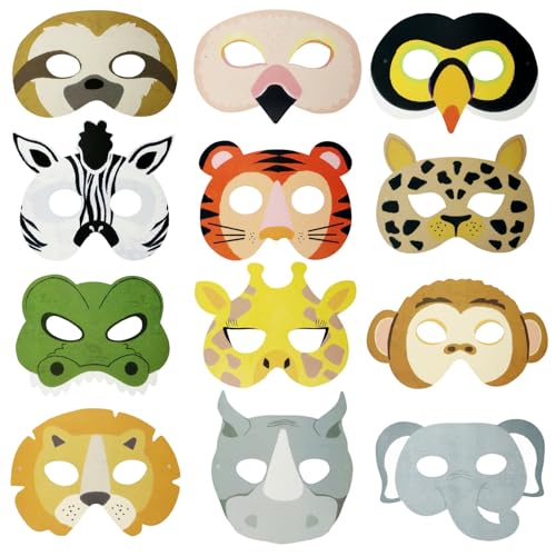 Gabrella 12 Stück Dschungeltiermasken, Filzmaske, Partytütenfüller für Kinder, Zoo-Tiere, Cartoon-Masken, Dschungel-Safari-Party-Dekorationen für Waldtier-Themen-Geburtstag von Gabrella
