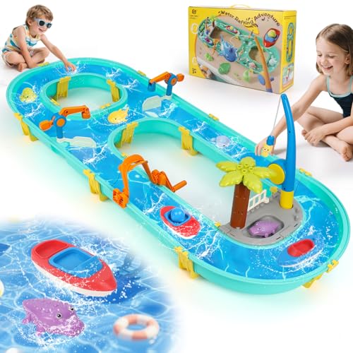 Gaethra Wassertisch Spielzeug 3+ Jahr, Wassertisch Kinder Outdoor mit 2 Boote, 6 Tierfiguren, Wasserbahn Draußen Wasserpark Spielset für Kinder 3+ Jahr von Gaethra